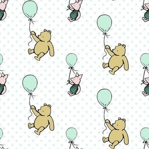 Smaller Scale Classic Pooh and Piglet with Balloons Pale Mint Green Polkadots on White