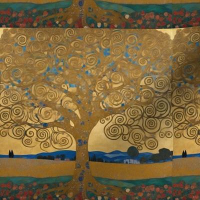 Klimt-inspired nature,scene,Golden nature paintings,Gustav Klimt art,Nature art with gold,accents,Symbolism in Klimt's artwork,Golden landscapes in art,Klimt's Tree of Life,Nature scenes ,in Klimt's paintings,Gold leaf ,technique in art, Klimt-inspired ,h