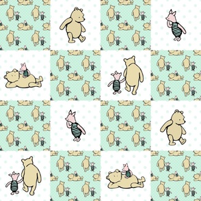 Bigger Patchwork 6" Squares Classic Pooh and Piglet in Pale Mint Green for Cheater Quilt or Blanket