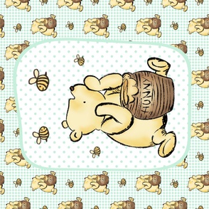 One Yard Panel Classic Pooh and Honey Bees on Pale Mint Green for Blanket or Banner 42x36