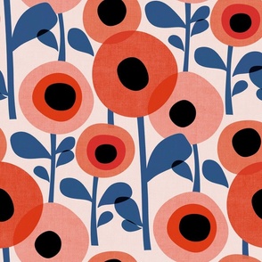 Mid Century Poppy Abstract - red and blue on pink 
