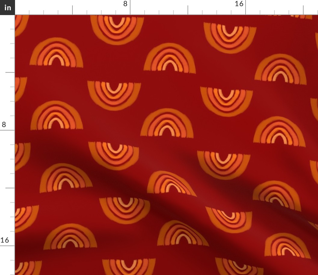 baby boy swaddle fabric orange rainbows on red background