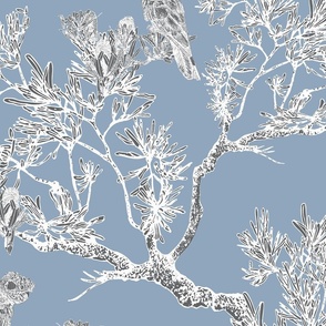 Modern Chinoiserie Blue, White, Gray with bird, leaves, trees, Large scale