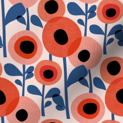 Mid Century Poppy Abstract - red and blue on pink, small 