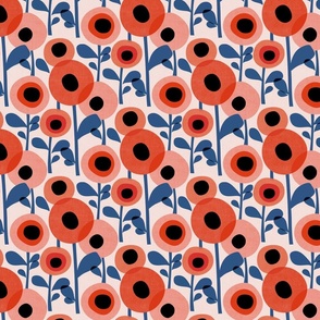 Mid Century Poppy Abstract - red and blue on pink, small 