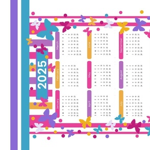 2025 Calendar Bold Butterflies Stripes and Dots Wall Hanging or Tea towel, Pink Purple Blue