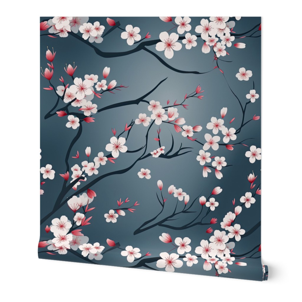 Elegant White Cherry Blossoms Ombre Grey Background  ATL_1522