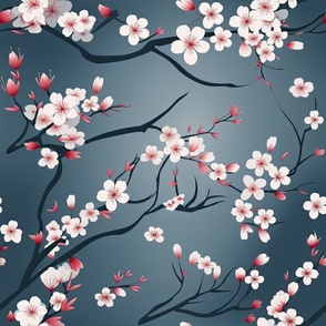 Elegant White Cherry Blossoms Ombre Grey Background  ATL_1522