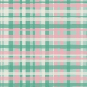 Green pink and white hand drawn plaid on light mint green, gingham