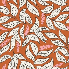Black and white leaves and pink flowers on orange, MEDIUM, leaves are approx 1x2 inches