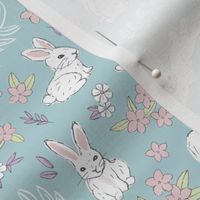 Little cutesy bunny garden - Easter bunnies flowers and leaves for spring white blush lilac on blue 