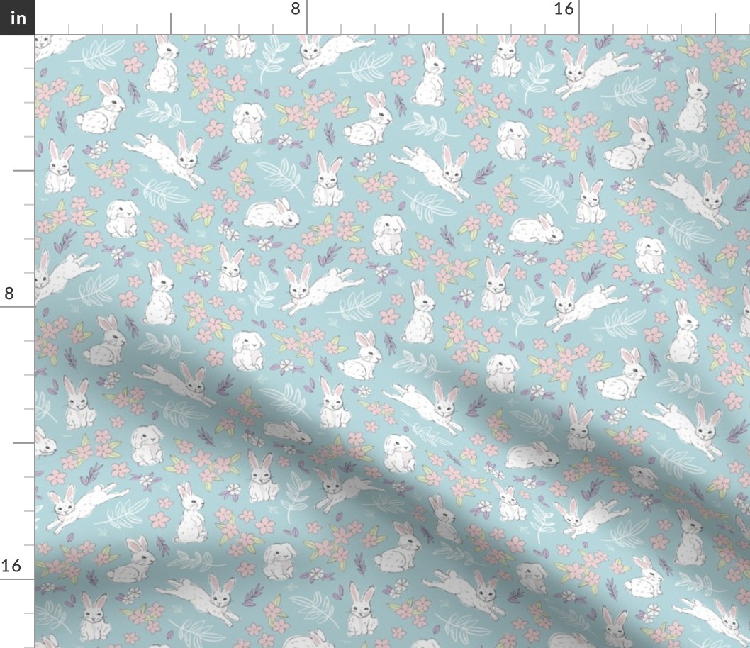 Little cutesy bunny garden - Easter bunnies flowers and leaves for spring white blush lilac on blue 