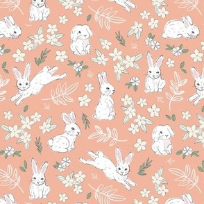 Little cutesy bunny garden - Easter bunnies flowers and leaves for spring white green mint on peach orange 