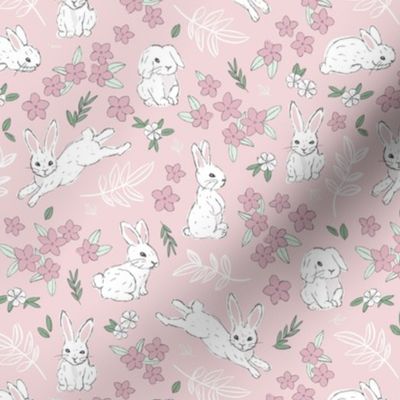 Little cutesy bunny garden - Easter bunnies flowers and leaves for spring white moody pink 