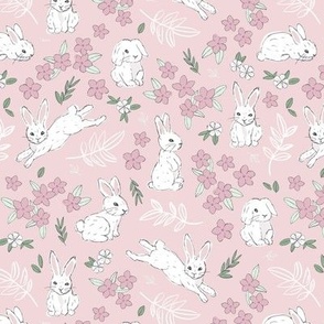 Little cutesy bunny garden - Easter bunnies flowers and leaves for spring white moody pink 