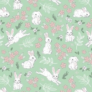 Little cutesy bunny garden - Easter bunnies flowers and leaves for spring white pink olive green on mint  
