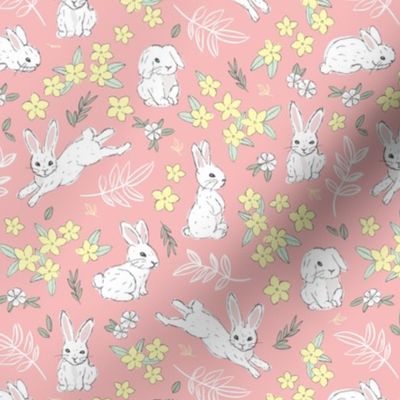 Little cutesy bunny garden - Easter bunnies flowers and leaves for spring yellow mint white on pink blush 