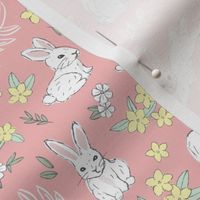 Little cutesy bunny garden - Easter bunnies flowers and leaves for spring yellow mint white on pink blush 
