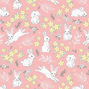 Little cutesy bunny garden - Easter bunnies flowers and leaves for spring yellow mint white on pink blush 