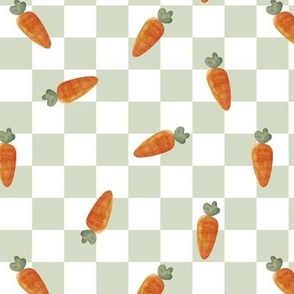 Spring carrot watercolor illustration on checker plaid white sage green 