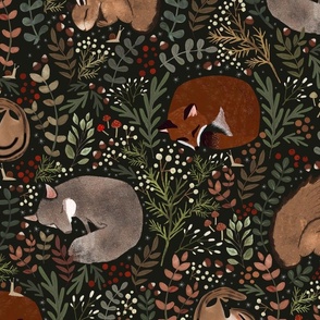 Autumn Forest Finds - Woodland animals sleeping dark green L