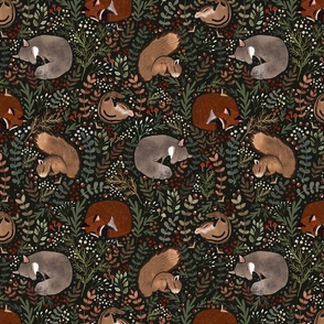 Autumn Forest Finds - Woodland animals sleeping dark green M