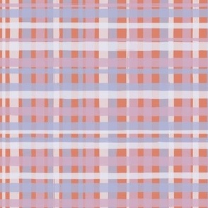 Lilac, white and pink plaid on orange, gingham in Pantone Intangible colors
