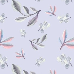 Grey Pink Watercolour Leaves with Grey Berries on Soft Lilac Large Scale 6.94in x 6.94in Repeat