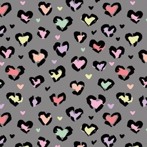 Leopard spots in heart shape - Valentine's Day animal freehand sketched boho texture print kawaii pastel yellow mint lilac pink on gray 