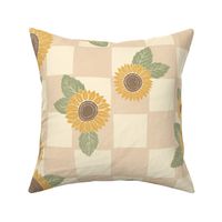 Checkered Sunflowers - textured tan, cream, yellow, brown, green - large