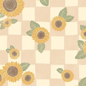 Checkered Sunflowers - textured tan, cream, yellow, brown, green - large