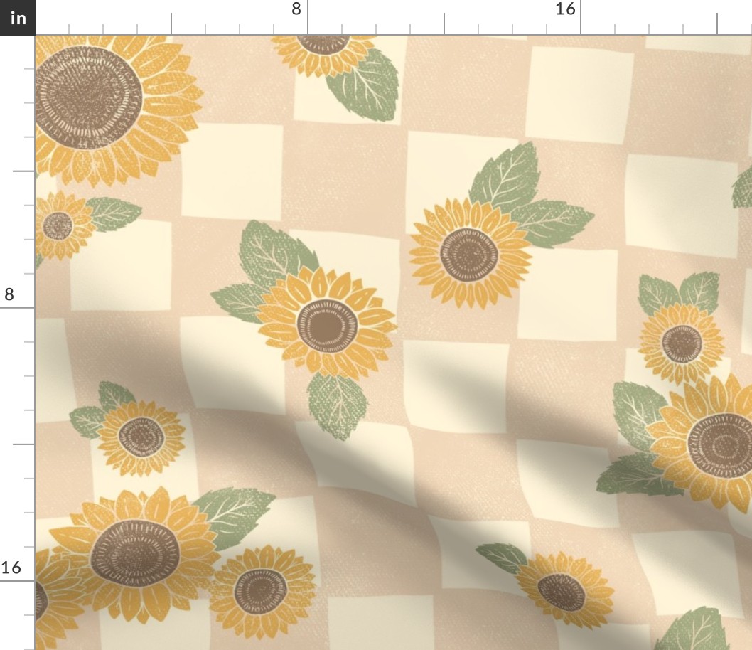 Checkered Sunflowers - textured tan, cream, yellow, brown, green - large