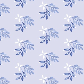 Blue Watercolour Leaves and White Flowers on Soft Lilac Large 10.49in x 5.25in Repeat