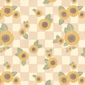 Checkered Sunflowers - textured tan, cream, yellow, brown, green - medium