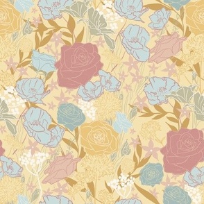 Cottagecore Vintage Floral Mustard Yellow Pinks and Blues