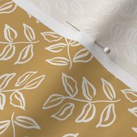 Vintage Modern Ink Leaves in Ecru Cream with a Mustard Yellow Background