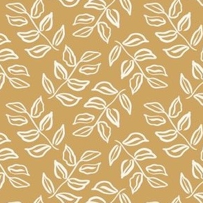 Vintage Modern Ink Leaves in Ecru Cream with a Mustard Yellow Background