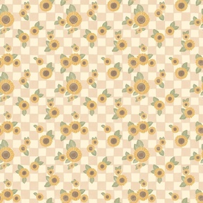 Checkered Sunflowers - textured tan, cream, yellow, brown, green - small