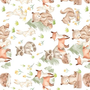 Turned left 33" Woodland Animals - Baby Animals in Forest,woodland nursery fabric,animal nursery fabric,baby animals fabric white