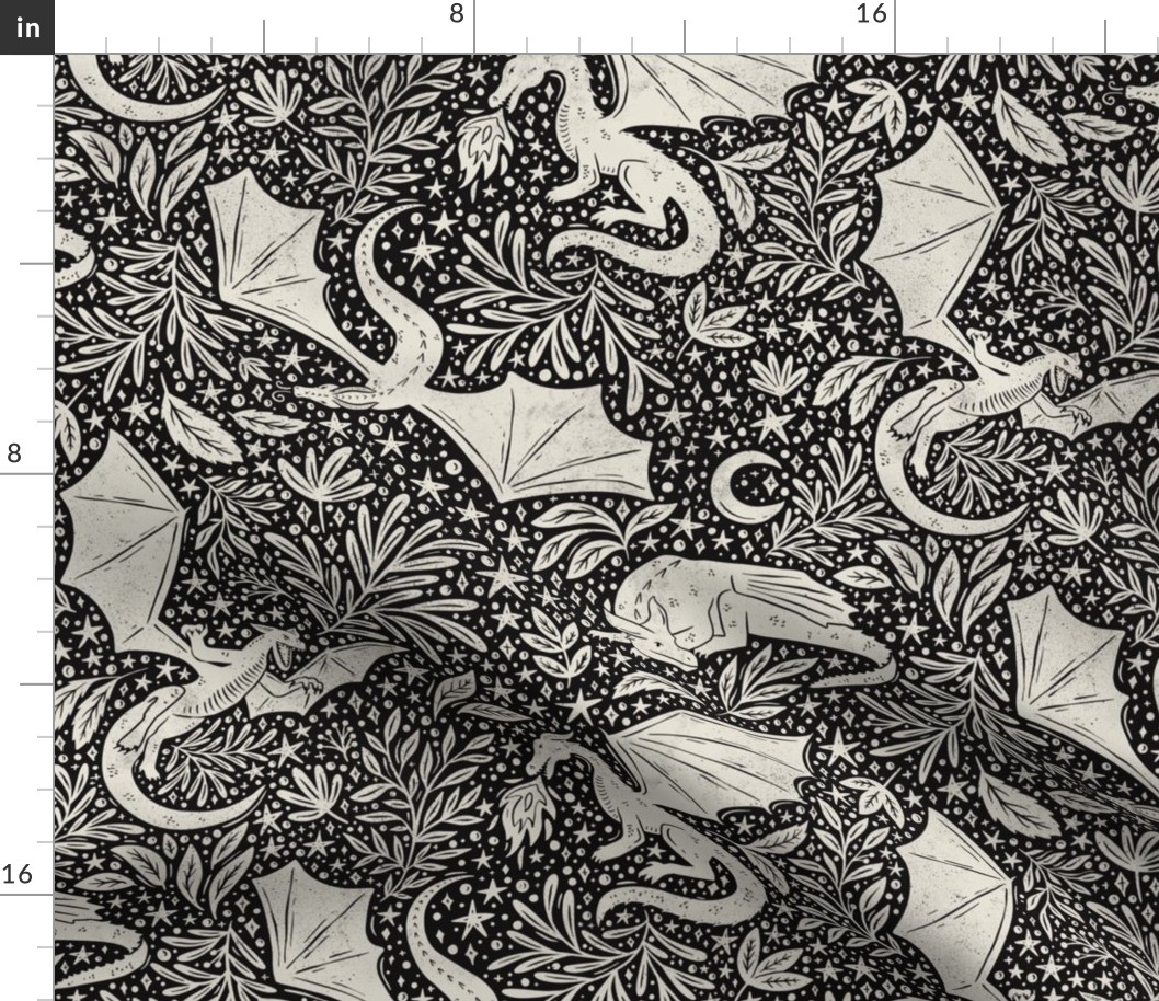 Dragons Botanical - textured- black and cream - medium