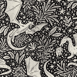 Dragons Botanical - textured - black and cream - large