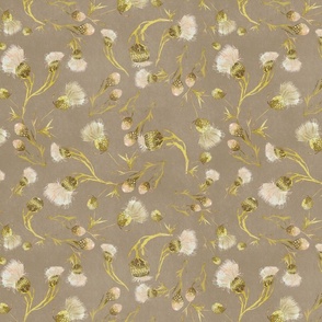 Medium Scale Painted Thistle Garden Wallpaper In Soft Earthy Brown