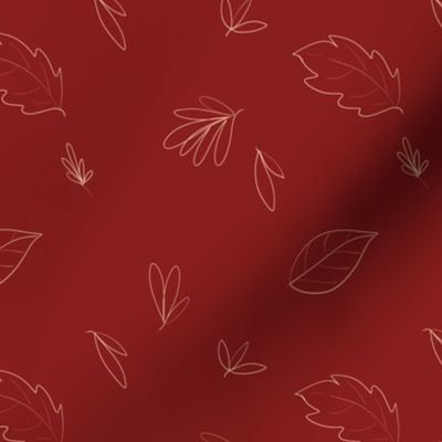 Leaves sketched on Red, Burnt Orange, Autumn, Woodland Fall, Thanksgiving, Christmas 6"