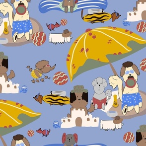 Dogs Go To The Beach in Blue Coastal Print Boy Prints Quilt Block