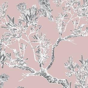 Modern Chinoiserie Pink, White, Gray with bird, leaves, trees, Large scale