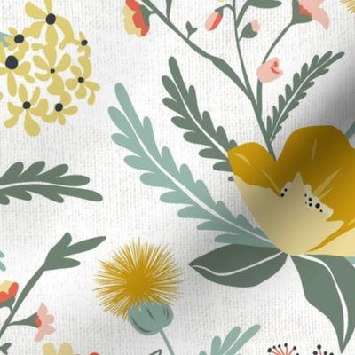 Poppy Meadow - White Yellow Floral Large Scale