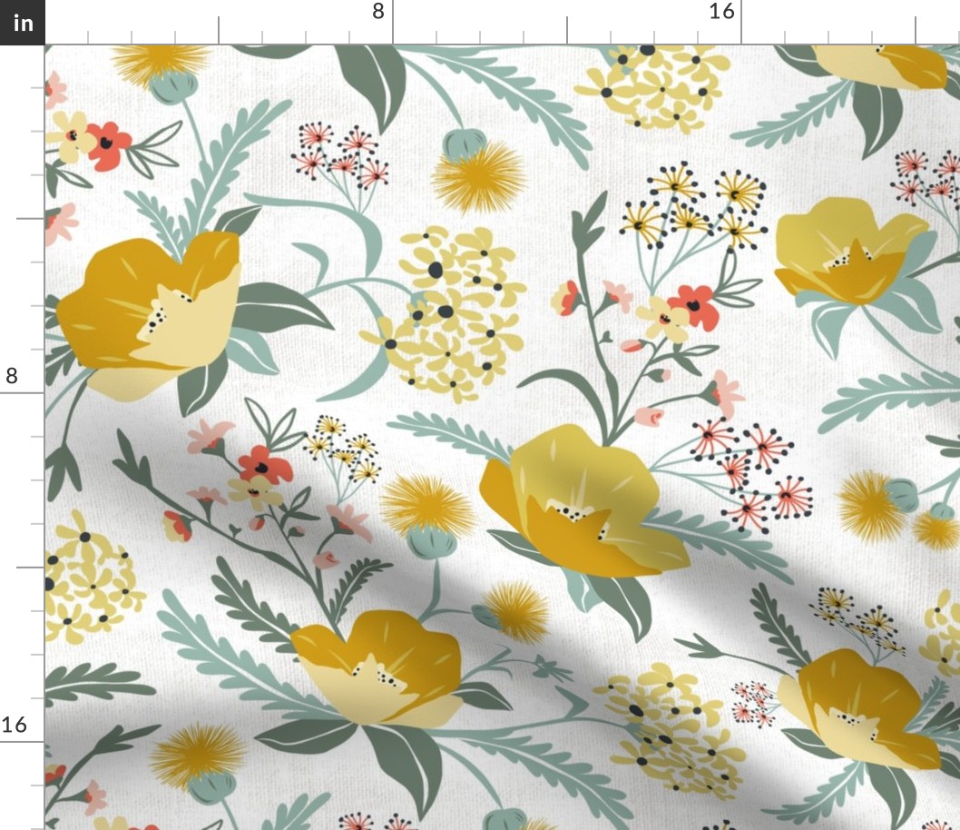 Poppy Meadow - White Yellow Floral Large Scale