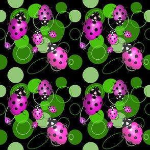 Pink ladybugs on green polka dots on black