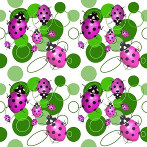 Pink ladybugs on green polka dots on white