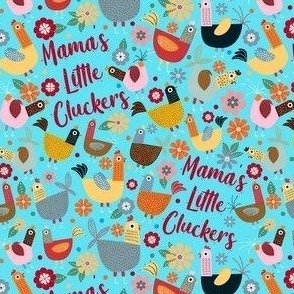 Small-Medium Scale Mama's Little Cluckers Chicken Mom Humor on Bright Blue